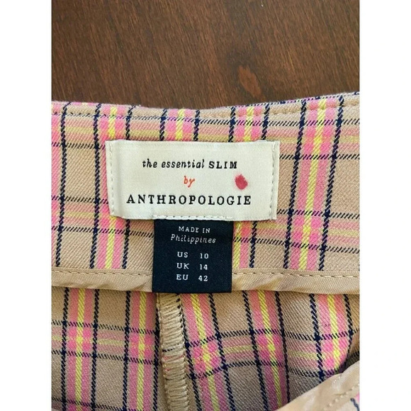 Anthropologie Essential Slim Pant Pink Tan Plaid Trouser Size 10 Career Work - Picture 7 of 14